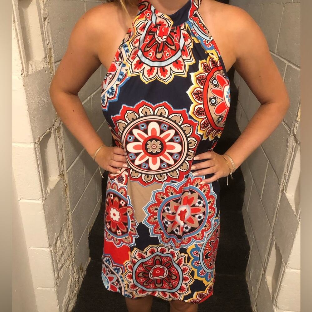 Halter Mini Dress in Navy & Red Floral Medallion